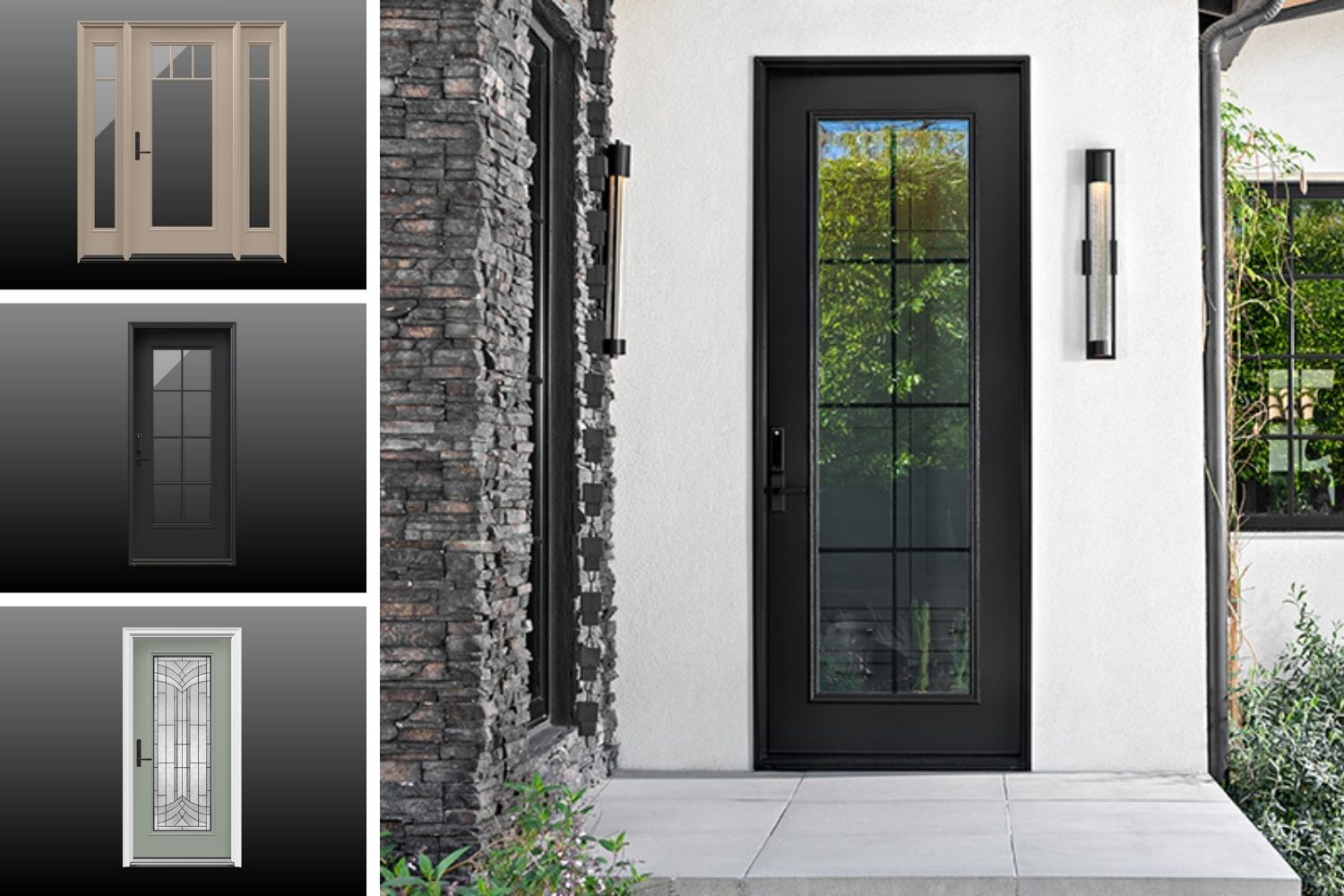 Composite image with three examples of front entry doors stacked on the left side next to a full image of a black entry door on a white house on the right. 