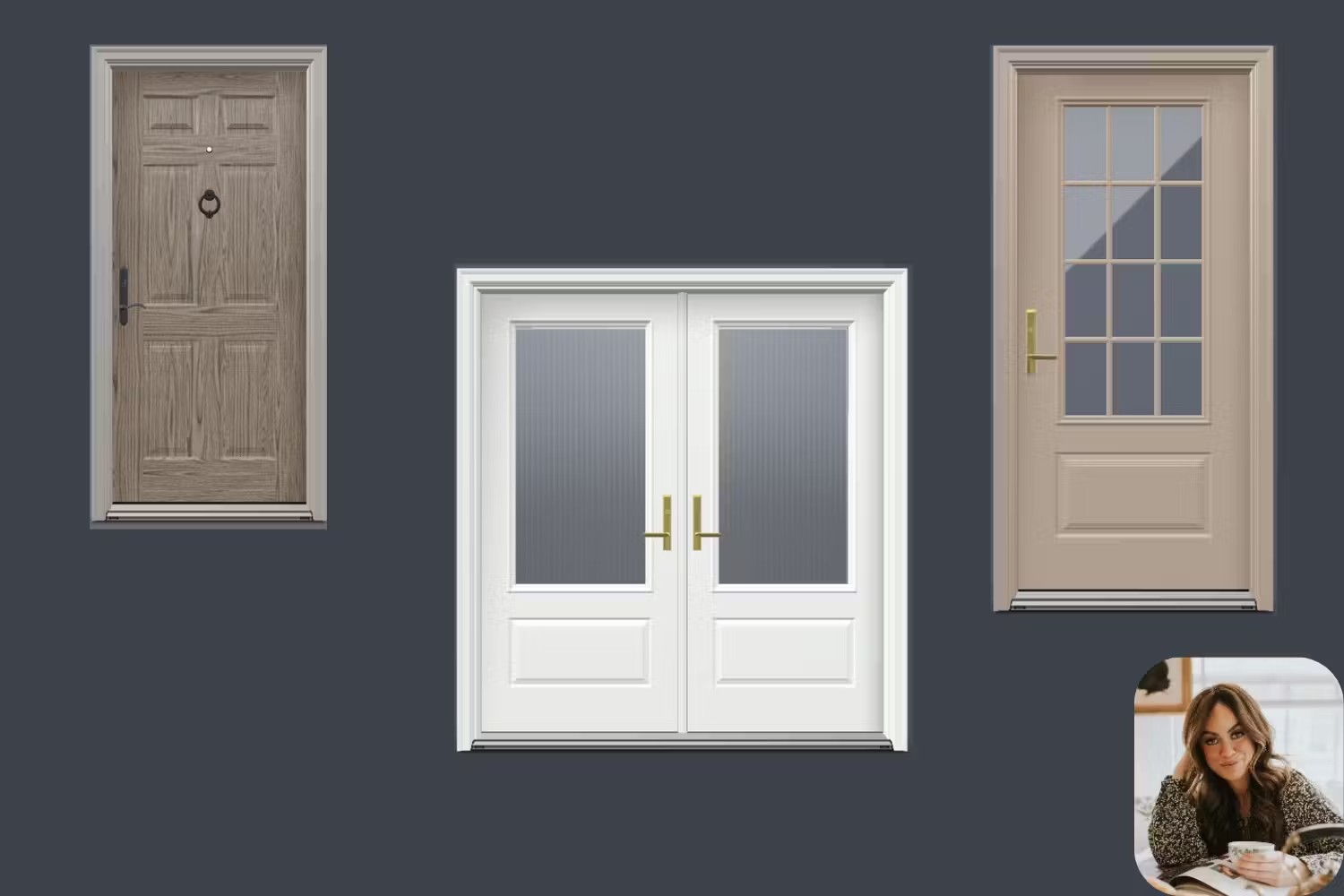 Three Ensemble Entry Door examples arranged on a dark blue background with an image of Liz Marie in the bottom right corner.