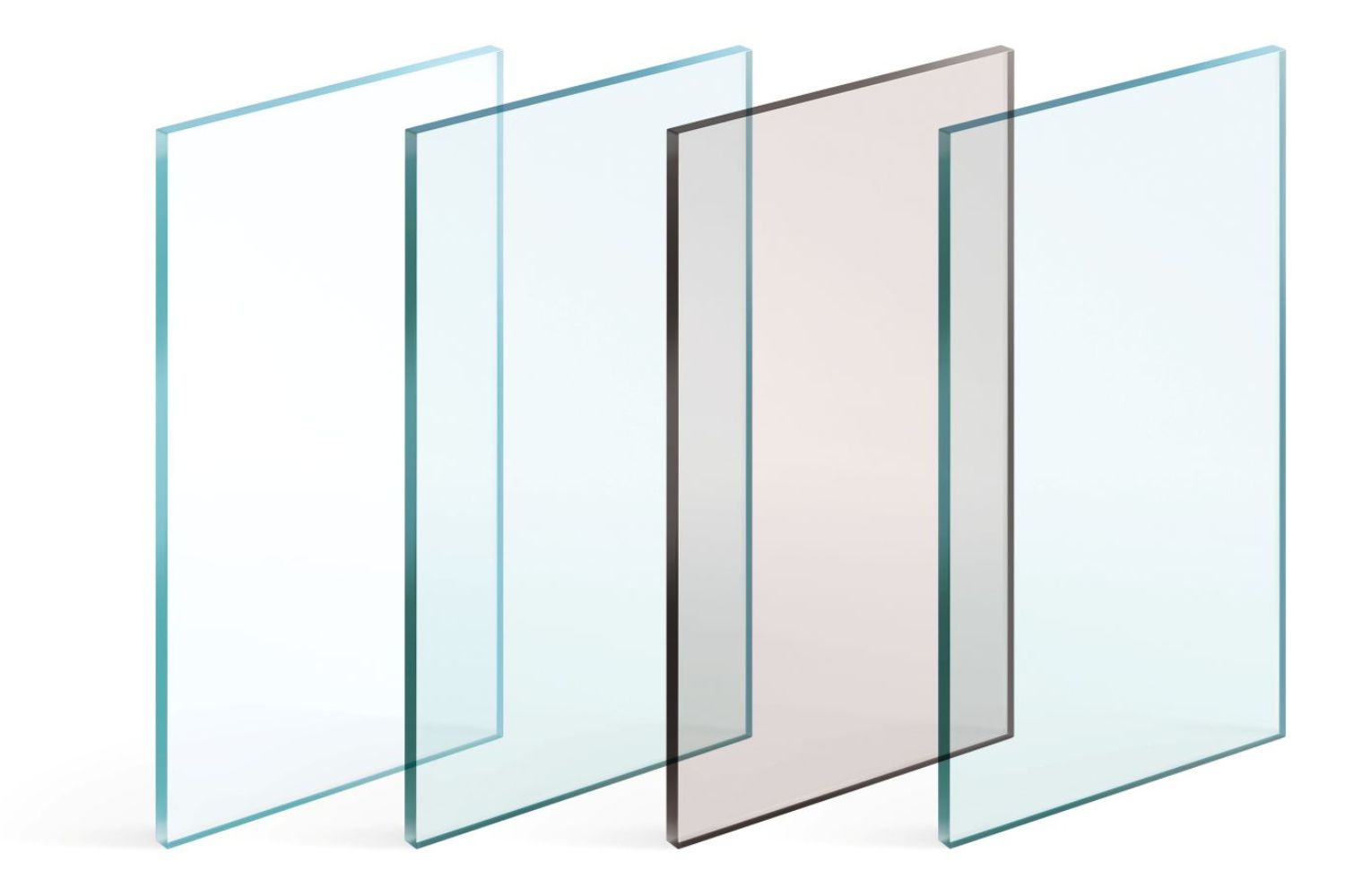 Four distinct glass panels displayed on a white background, showcasing various shapes and textures.
