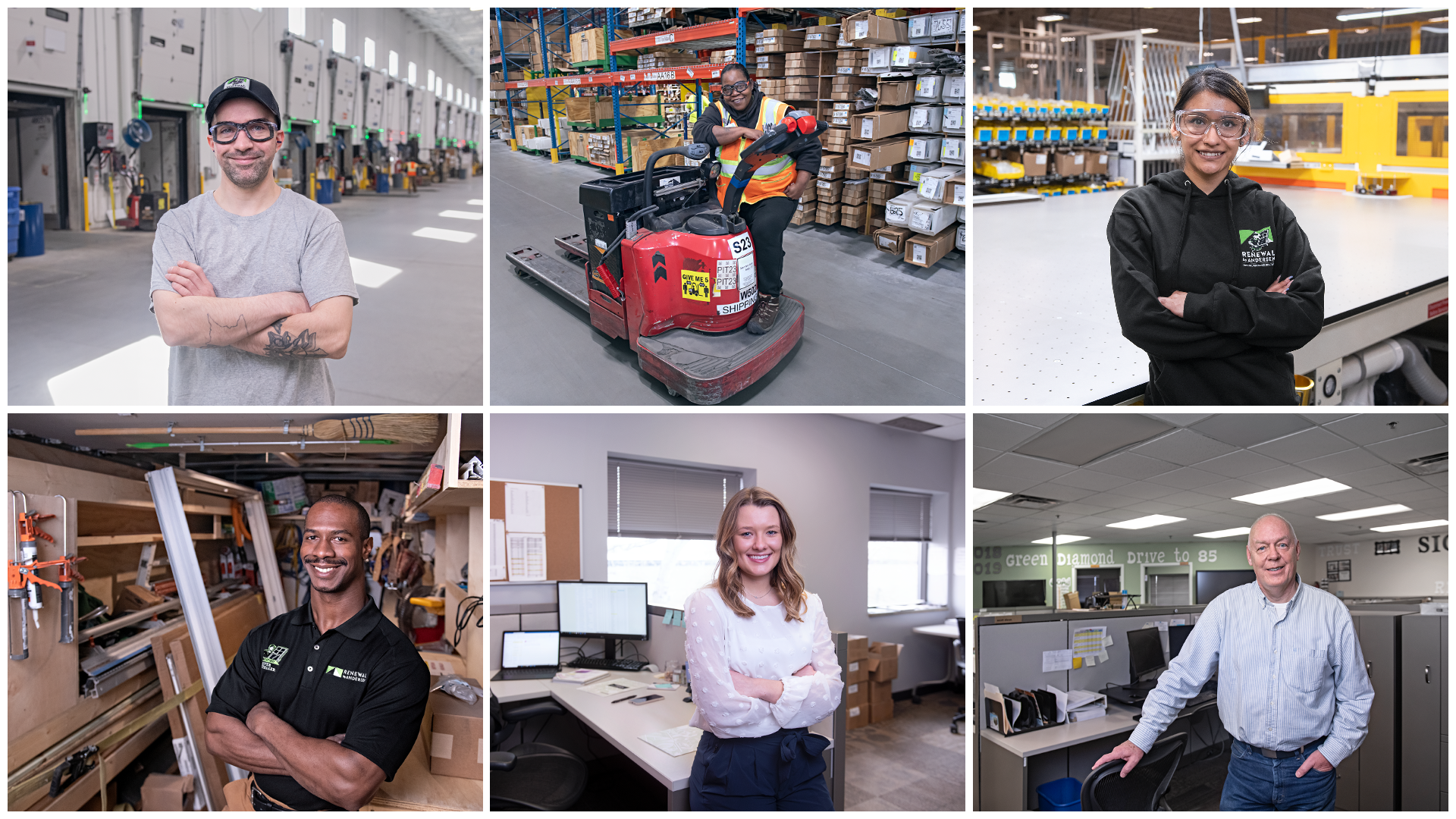 Find your career path, this is an image of various employees from different categories of Renewal by Andersen, manufacturing, admin, installer