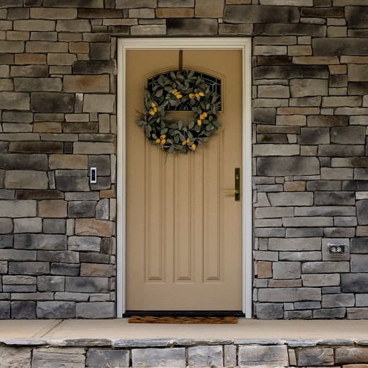 A single panel Ensemble entry door. The door is solid panel, wheat colored, and has black hardware.