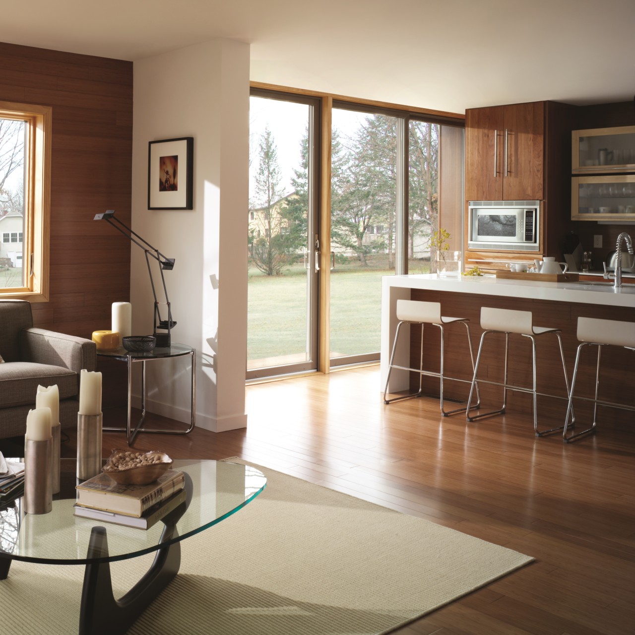 A view of modern sliding patio doors in a kitchen. The design theme is Scandinavian.