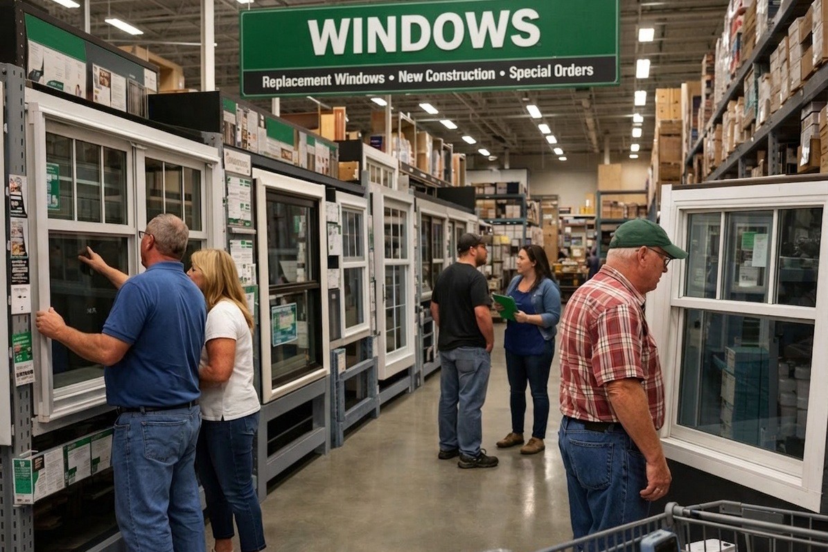 People shopping in a big box store looking at different window options. AI generated image.